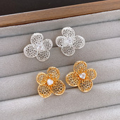 Gold Zircon Floral 18K Studs Hollow Luxury Earrings