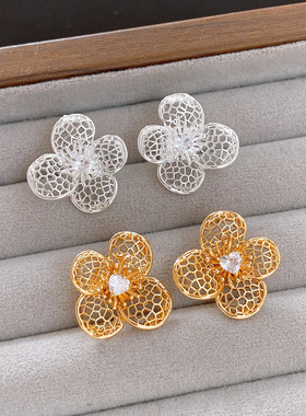 18K Gold Floral Studs, Hollow Zircon Luxury Earrings