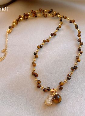 复古美拉德风锆石虎眼石串珠项链