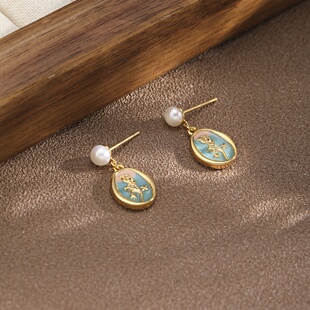 Enamel Pearl Flower Earrings, S925 Vintage Studs for Women