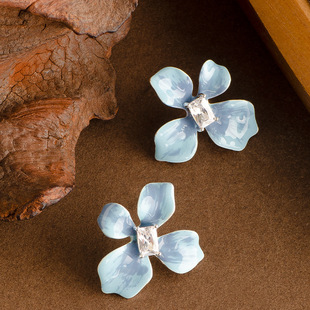 Enamel Floral Earrings, Crystal Accent Elegant Silver Studs