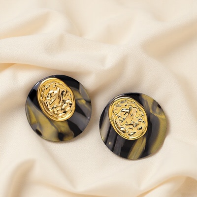 春夏新款豹纹板材几何圆形耳钉