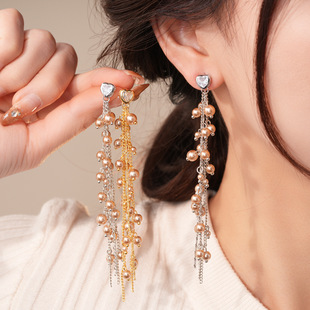 18K Gold Fringe Earrings, Zircon Pearl Drop Luxury Earrings