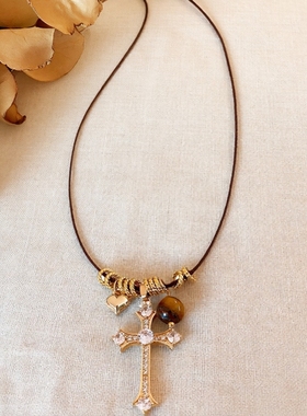 复古风锆石十字架虎眼石吊坠项链