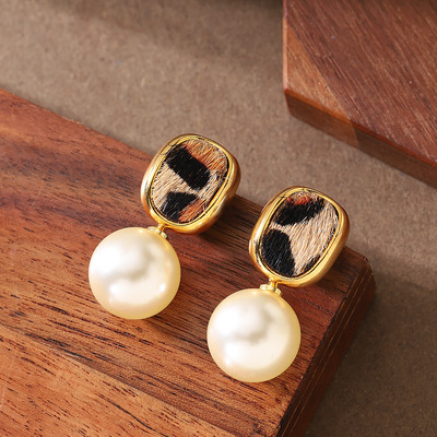 美拉德风马毛豹纹珍珠耳坠耳环
