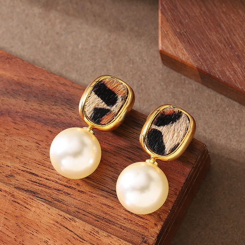 美拉德风马毛豹纹珍珠耳坠耳环