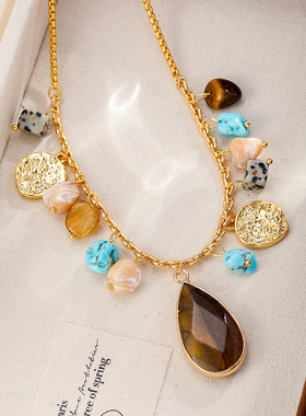 复古虎眼石水滴吊坠项链