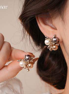 French Pearl Earrings, Zircon Floral Vintage Luxury Studs