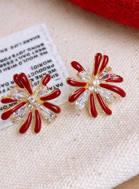 18K Gold Red Studs, Enamel Firework Vintage Luxury Earrings