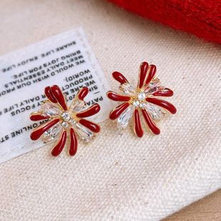 18K Gold Red Studs, Enamel Firework Vintage Luxury Earrings