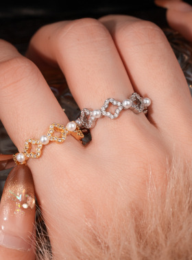 18k真金电镀锆石花朵珍珠戒指