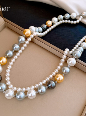韩国气质彩色双层串珠珍珠项链
