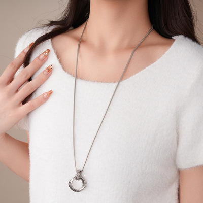 欧美简约几何多层圆形吊坠毛衣链