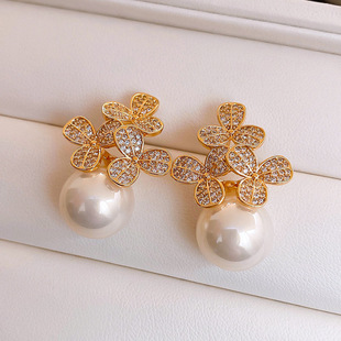 Zircon Pearl Flower Stud Earrings, Chic Silver Post