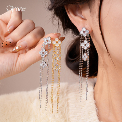 18K金电镀银针锆石花朵流苏耳钉