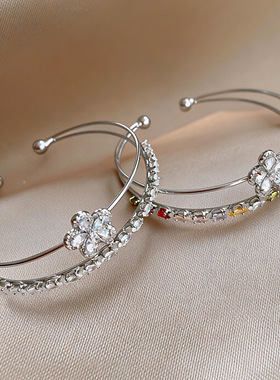 法式精致锆石花朵双层开口手镯