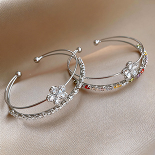 Open French Bangle Double Zircon Floral Bracelet