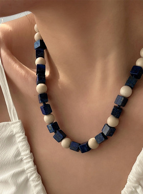简约时尚木珠青金石串珠项链