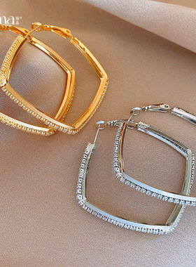 18K Gold Square Hoops, Luxury Zircon Stud Earrings