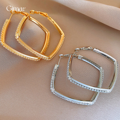 18k真金电镀锆石方形耳环夸张