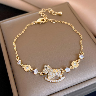 14K Gold Horse Bracelet, Coin Zircon Zodiac Luxury Bangle