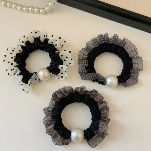 韩版网纱褶皱边小肠发圈格纹波点