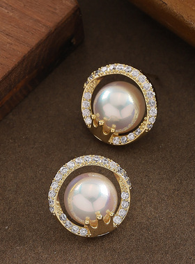 Crown Pearl Studs, Queen Diamond Sparkling Luxury Earrings