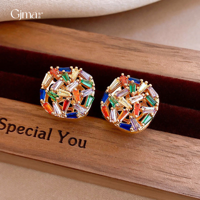 18k金电镀复古方形彩色锆石耳钉