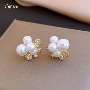 Studs Geometric Korean Zircon Earrings 14K Pearl Gold