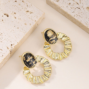 Gold Foil Geometric Hoop Earrings Korean Style Silver Post