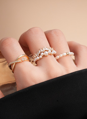 圆形交叉珍珠戒指小众感指环