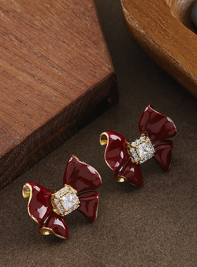 Red Bow Studs, Chinese New Year Enamel Luxury Earrings