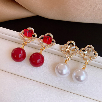 法式复古锆石花朵珍珠耳环