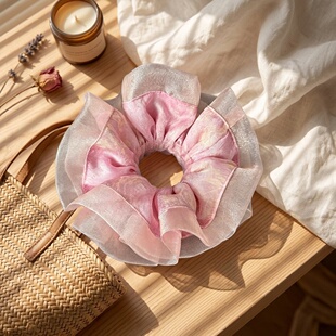 Cherry Blossom Pink Mesh Scrunchie Elegant Hair Accessory
