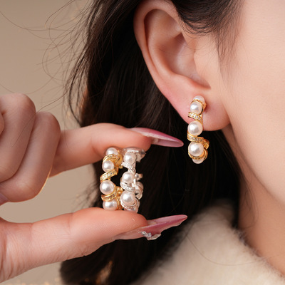 18k真金电镀锆石扭曲珍珠耳夹