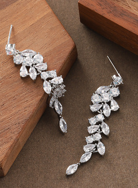 Long Zircon Earrings, Fringe Sparkling Face Slim Hoops