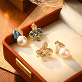 Plated Royal Pearl Enamel Gold French Studs Petal Earrings