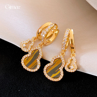 Gold Plated Red Agate Gourd Hoop Earrings for Women