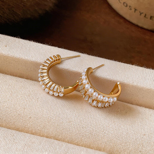 Earrings Studs French Hoop Sparkling Vintage Pearl Zircon