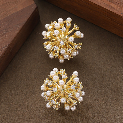 超仙时尚镶钻珍珠烟花球耳钉