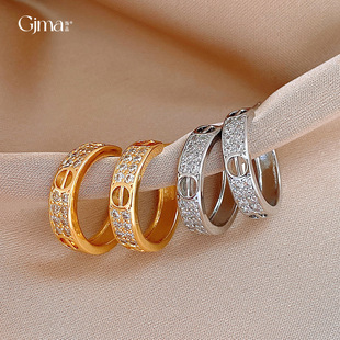 18K Gold C-Hoop Earrings, Hollow Zircon Luxury Studs