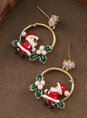 Santa Claus Studs, Enamel Pearl Diamond Holiday Earrings