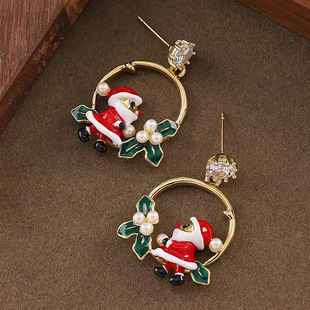 Enamel Studs Pearl Diamond Earrings Santa Holiday Claus