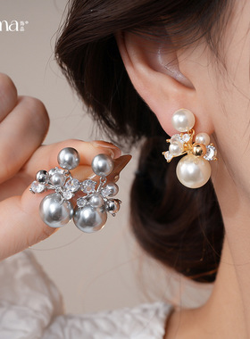 14K Gold Pearl Earrings, Royal Zircon Geometric Luxury Studs