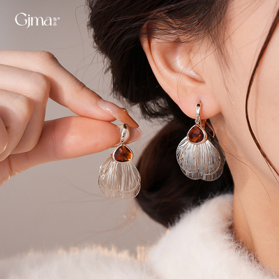 欧美跨境玻璃水滴花瓣流苏耳环