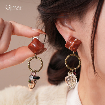 秋冬复古树脂菱形树叶流苏耳夹