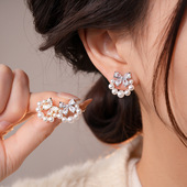 Stud Korean Earrings Round Pearl Zircon Bow