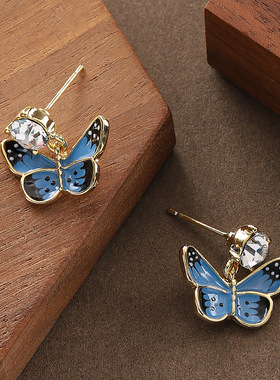 Forest Style Enamel Butterfly Stud Earrings Silver Needle