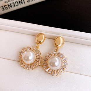 18K Gold Zircon Round Pearl Stud Earrings, Silver Post