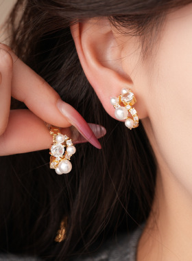 18K Gold C-Hoop Earrings, Zircon Pearl Clip-Ons Vintage